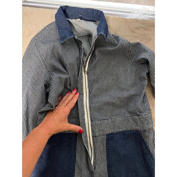 Brixton M Navy & White Striped Denim Long Sleeve Jumpsuit With Zip Closure & Poc - Picture 5 of 10